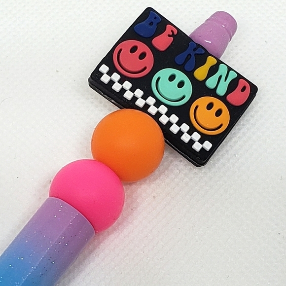 Glitter Gradient Rainbow Smiley Face Be Kind Beaded Silicone Focal Bead Pen - Picture 1 of 3